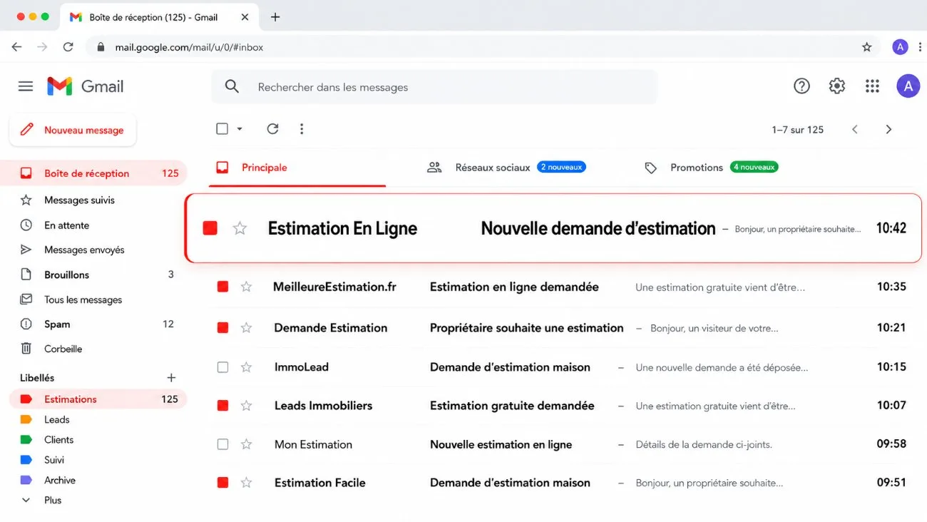 Boîte de réception Gmail remplie de demandes d'estimation