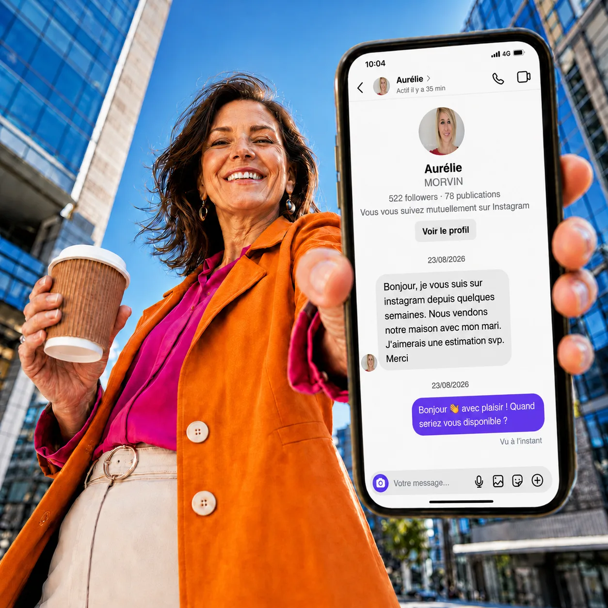 Conseillère immobilière recevant une demande d'estimation sur Instagram