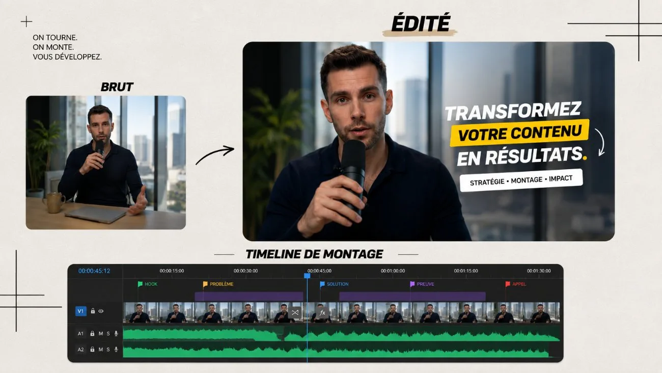 Montage vidéo : brut, édité et timeline de montage