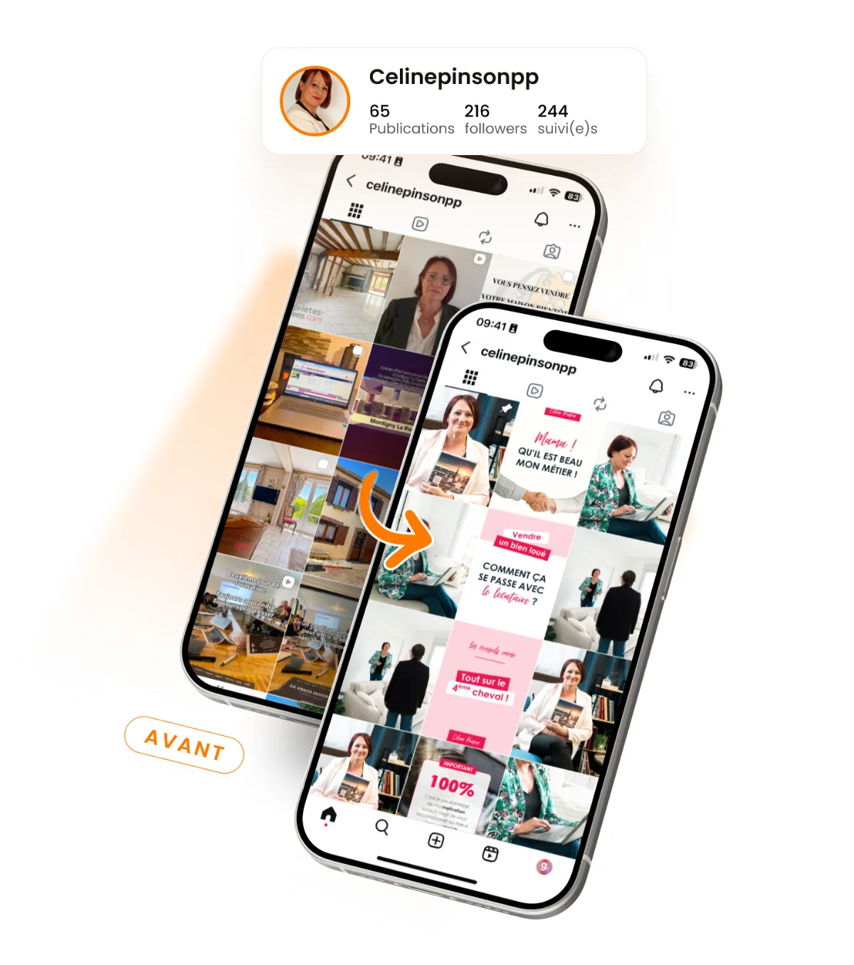 Profil Instagram d'une conseillère immobilière — avant / après Social Brand