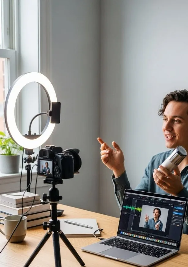 Tournage vidéo avec ring light et caméra